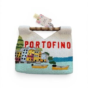 Portofino Beaded Clutch with Bamboo Handle - Cream Multicolor